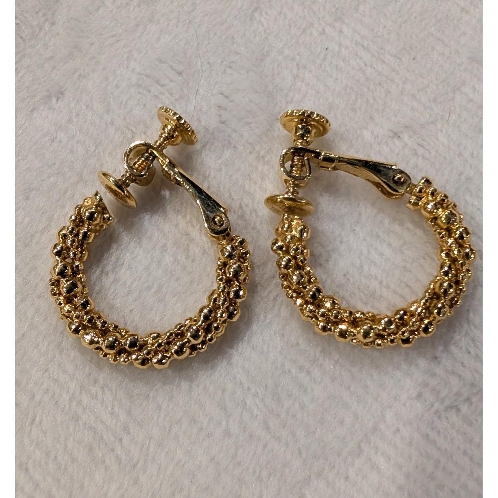 Napier Vintage Gold Tone Textured Popcorn Hoop Screw Back Clip On Earrings